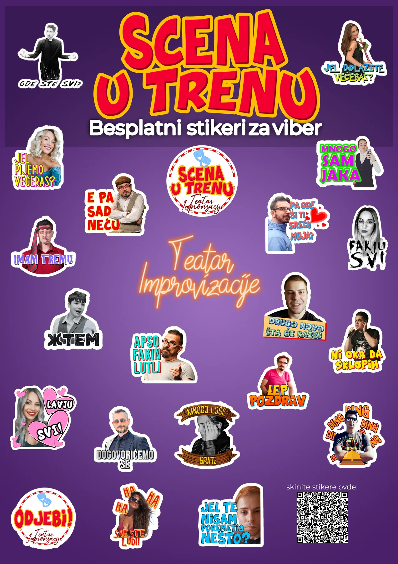 Collection of Scena u Trenu character-led social stickers on purple promotional artwork