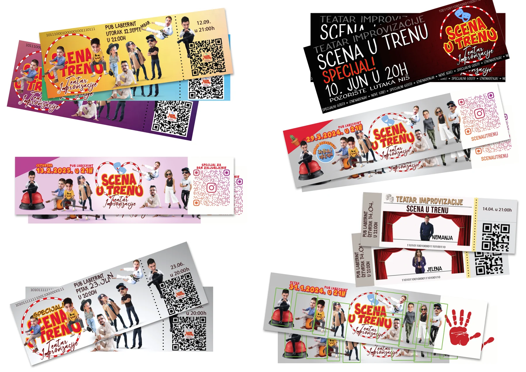 Collection of Scena u Trenu ticket designs and format variations